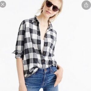 J Crew Buffalo Check Soft Flannel Button Front Boy Shirt Black Ivory SZ 4